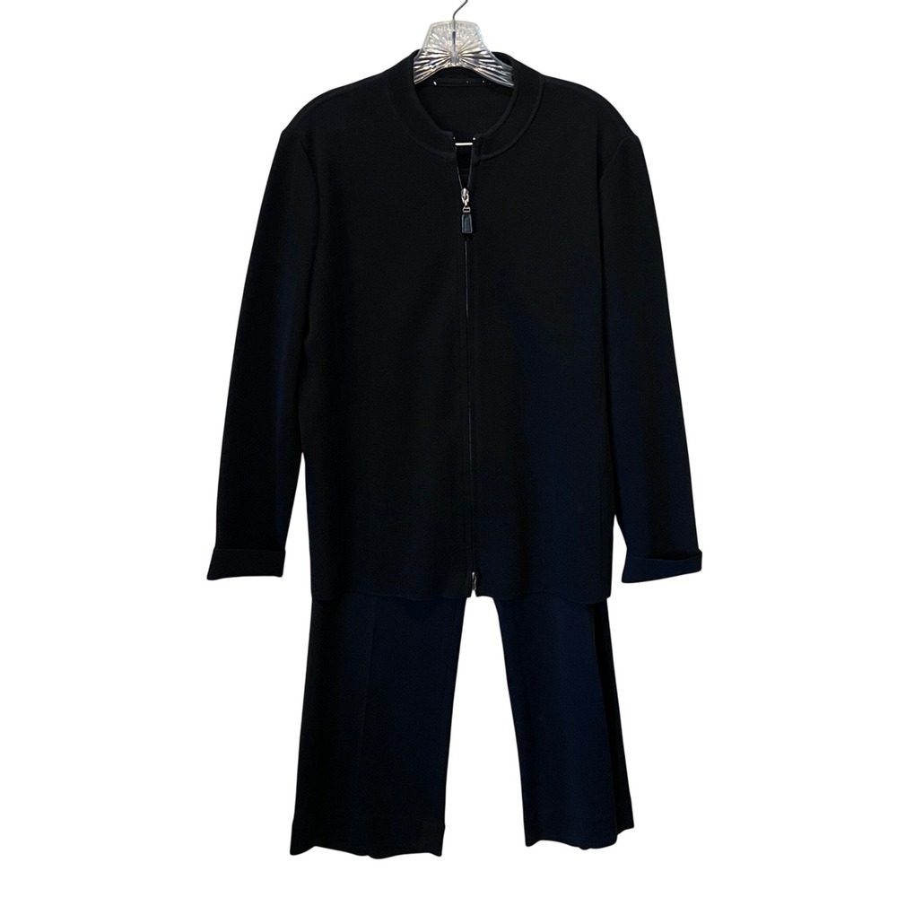 Garfield & Marks Black Knit Pant Suit Set Zip Jacket Straight Leg Pants Small